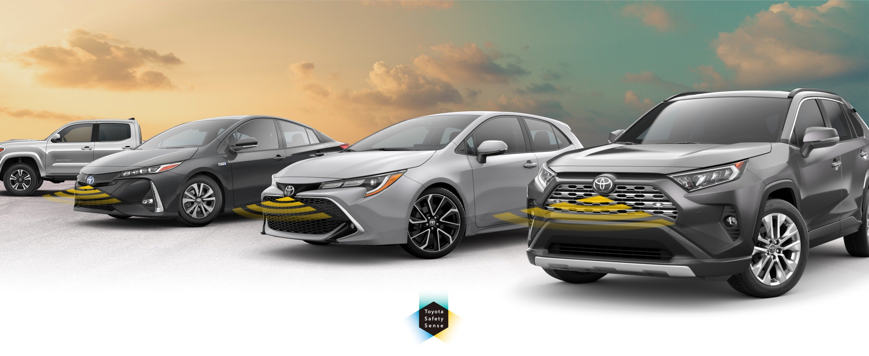 Toyota Safety Sense: Designed for Safety. Options shown on Toyota models including RAV4, Tacoma, and Camry, available now at Roseville Toyota in Roseville CA.