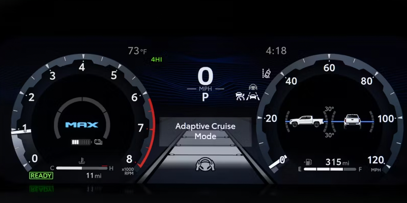 Digital instrument cluster showing adaptive cruise mode and driving data.